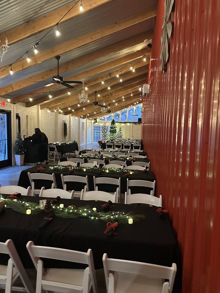 Reception tables decorated for a winter wedding at Bella's