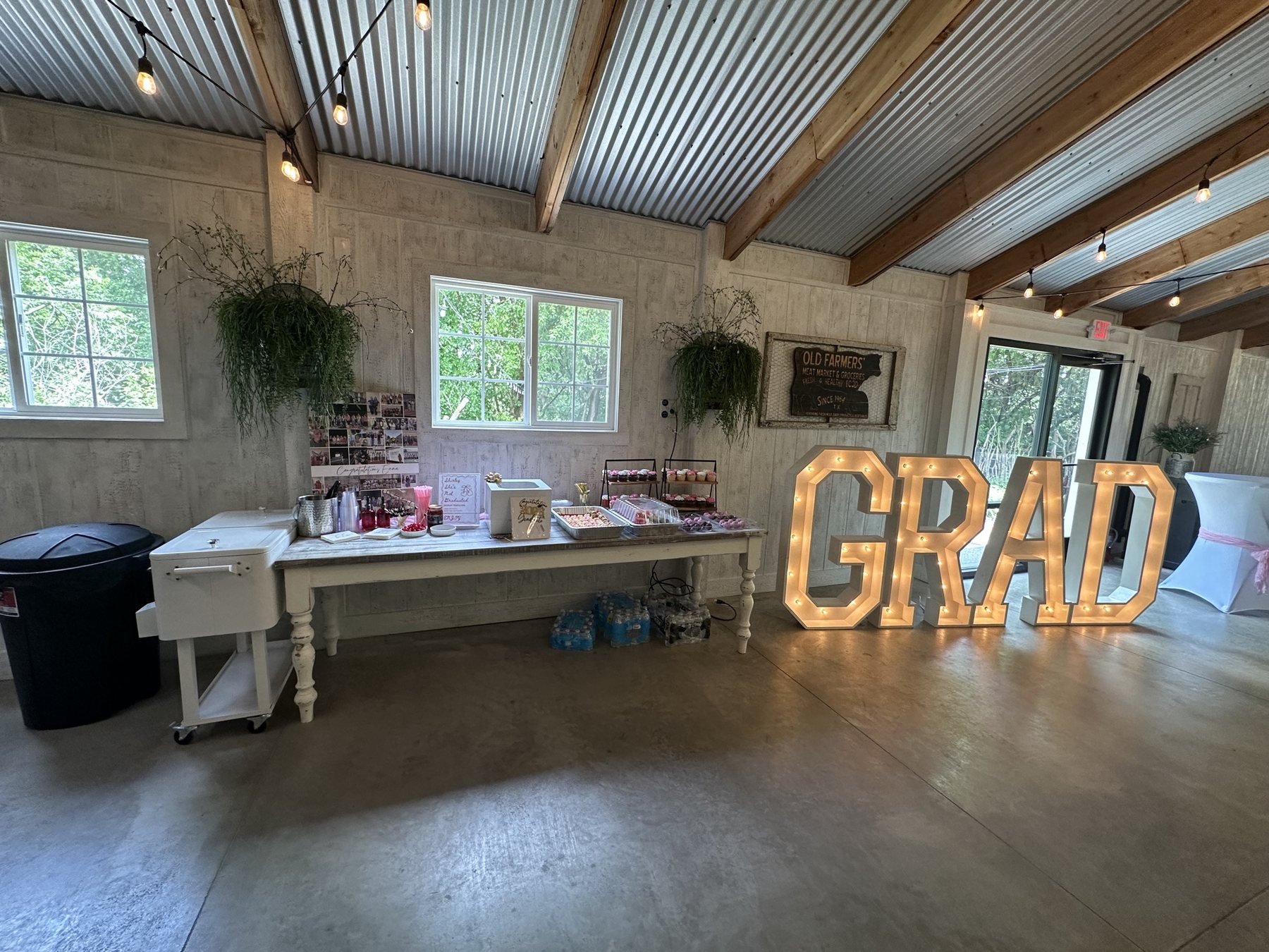 Lighted GRAD marquee letters at Bella's Farmhouse