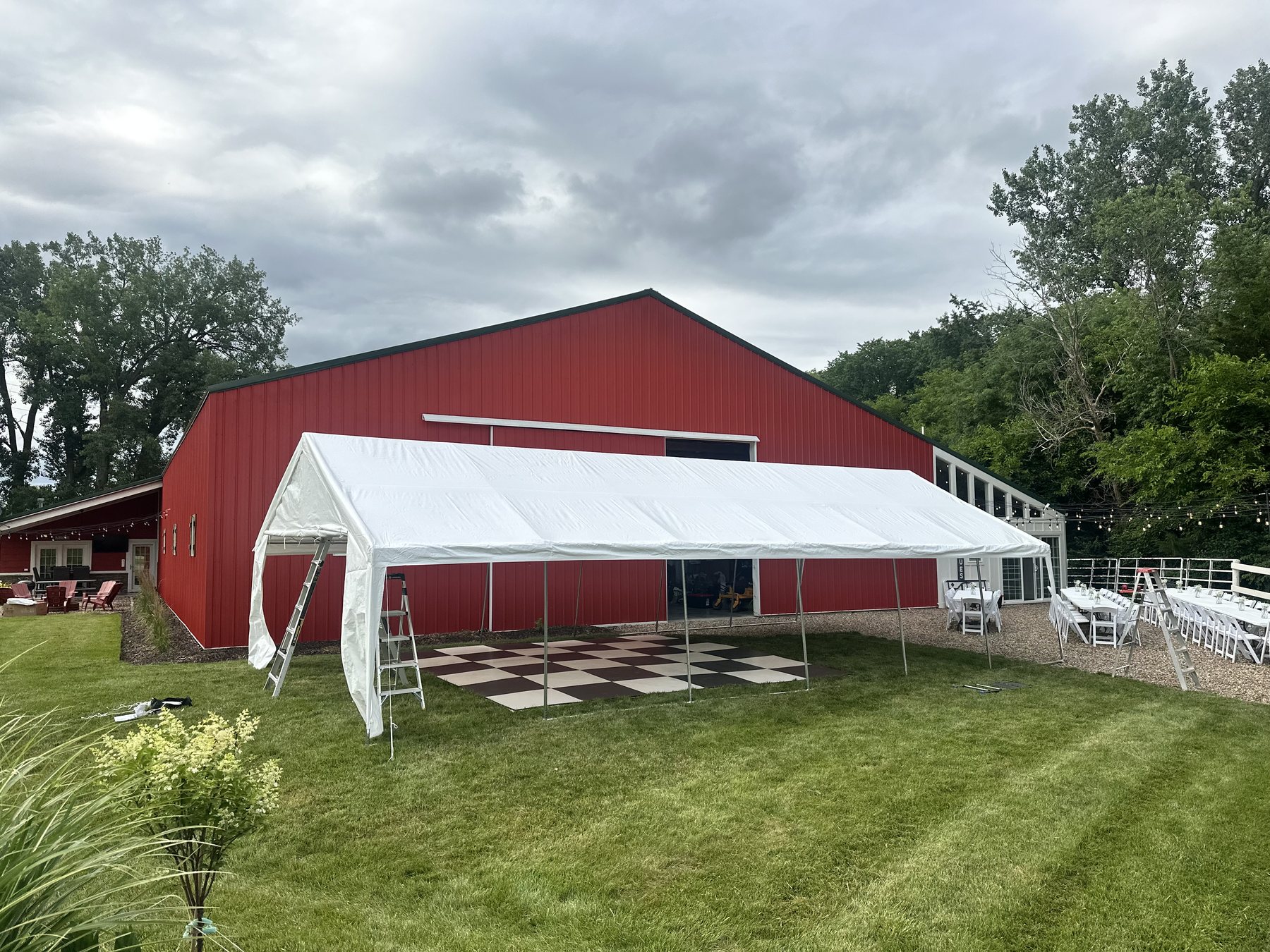 Event tent and dance floor outside Bella's Farmhouse